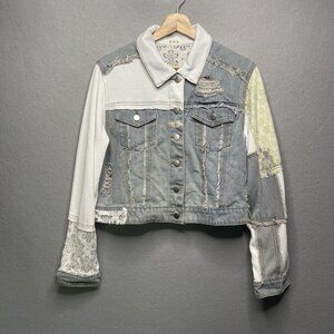 Pol Distressed Patchwork Denim Jacket With Lace & Waffle Knit Sleeves S